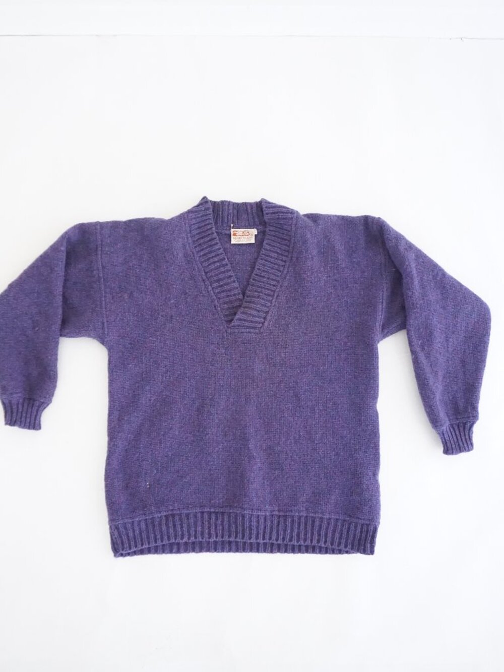 Vintage Bogside Weaving Purple V Neck Pure Wool Knit Sweater Ribbed Classic L